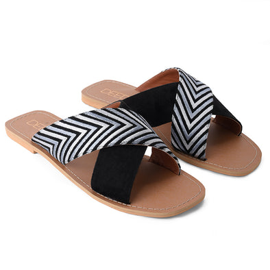 EMBROIDERED CRISS CROSS FLATS- BLACK
