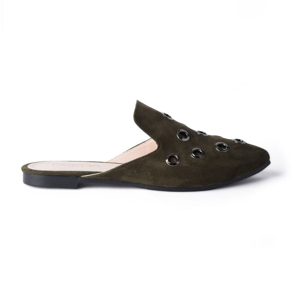 GROMMET ALMOND-TOE MULES - OLIVE