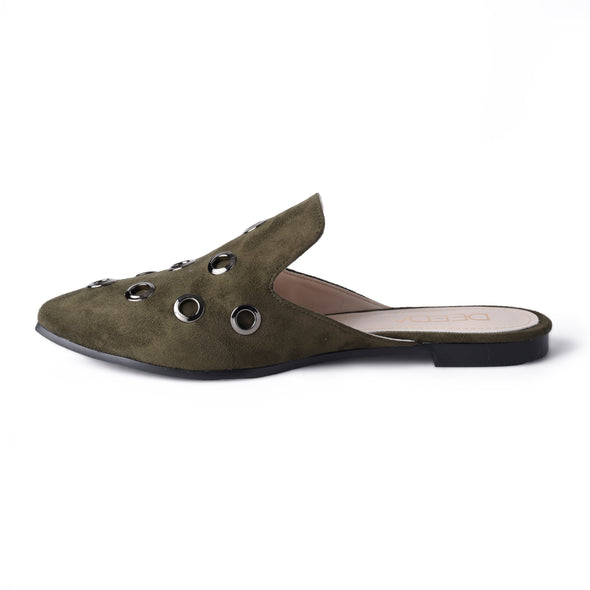 GROMMET ALMOND-TOE MULES - OLIVE