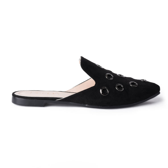 GROMMET ALMOND-TOE MULES - BLACK