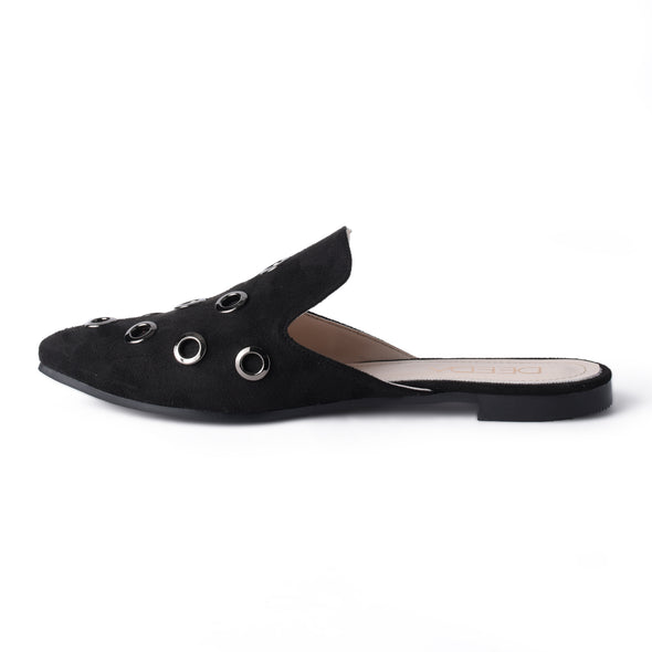 GROMMET ALMOND-TOE MULES - BLACK