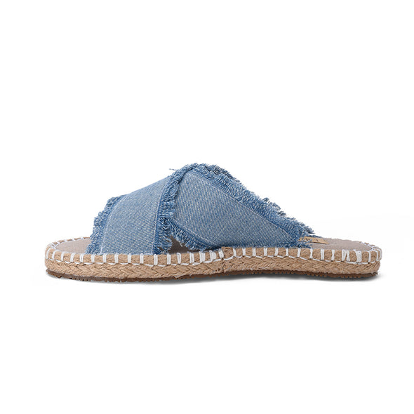 CRISS-CROSS DENIM JUTE SLIDES - LIGHT BLUE DENIM