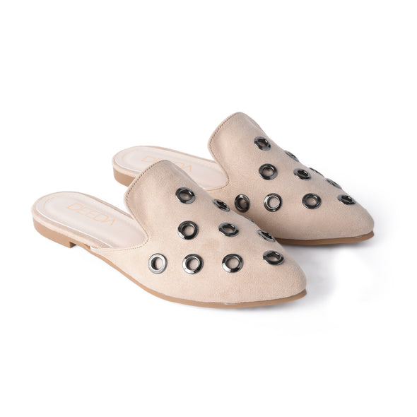 GROMMET ALMOND-TOE MULES - BEIGE