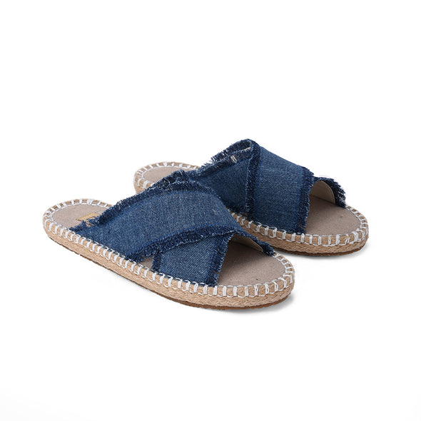 CRISS-CROSS DENIM JUTE SLIDES - DARK BLUE DENIM