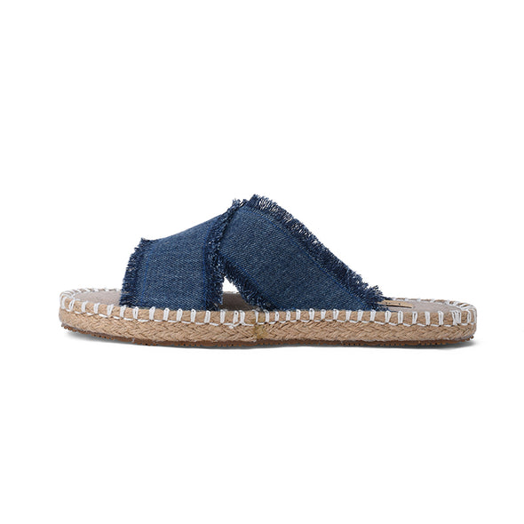 CRISS-CROSS DENIM JUTE SLIDES - DARK BLUE DENIM