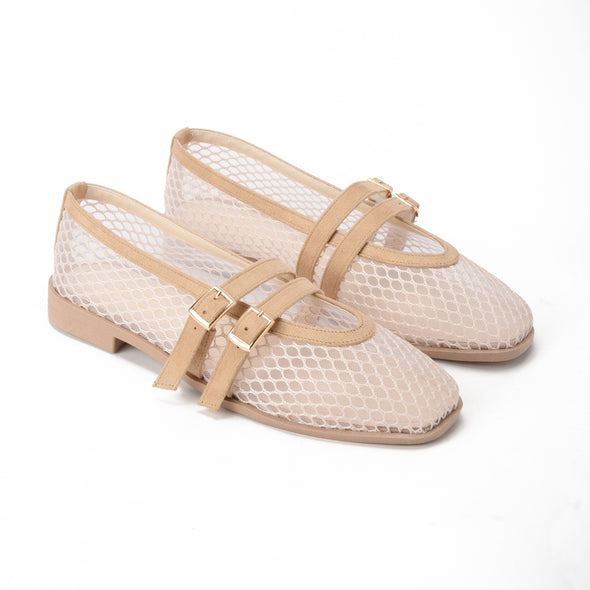 HONEYCOMB MARY JANE BALLERINAS - BEIGE