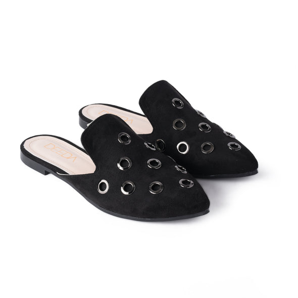 GROMMET ALMOND-TOE MULES - BLACK