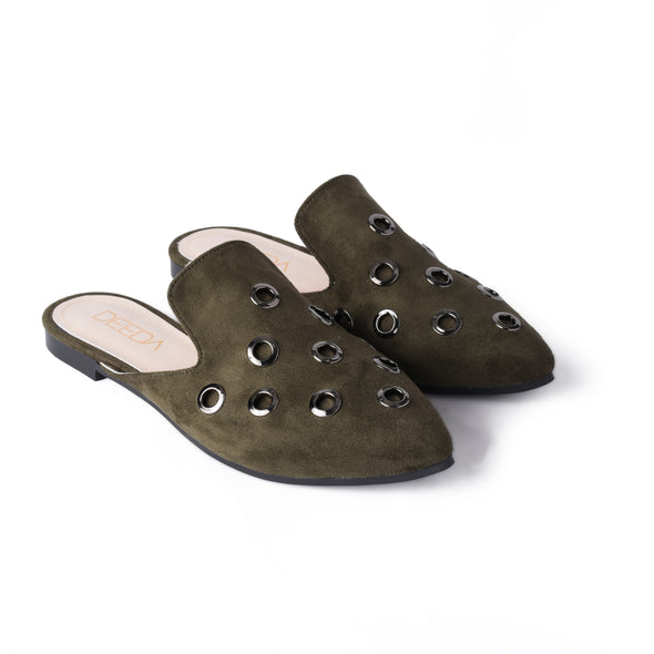 GROMMET ALMOND-TOE MULES - OLIVE