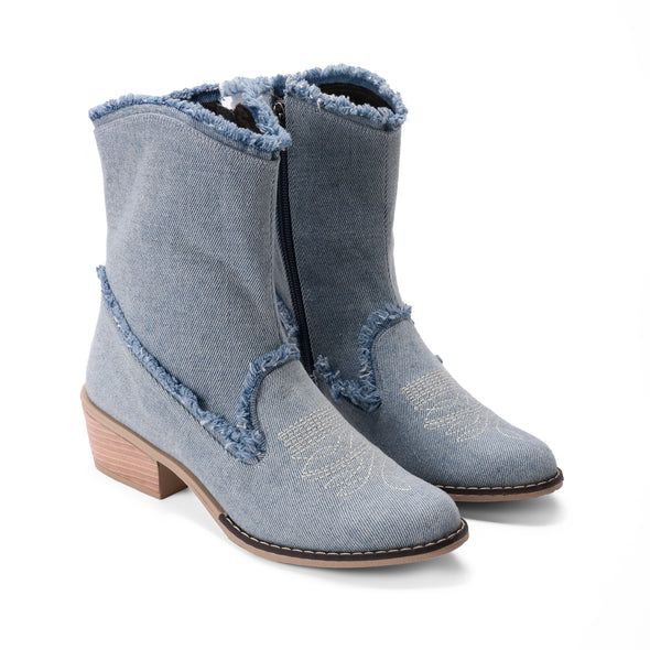 FRINGED DENIM TEXAS BOOTS - LIGHT BLUE DENIM