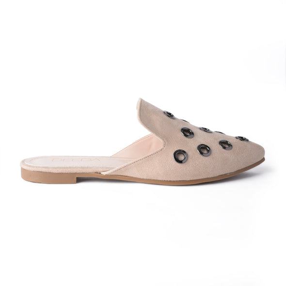 GROMMET ALMOND-TOE MULES - BEIGE