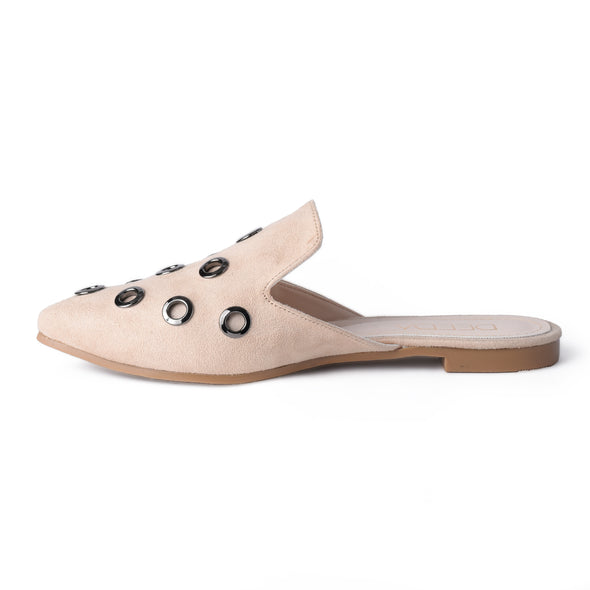 GROMMET ALMOND-TOE MULES - BEIGE