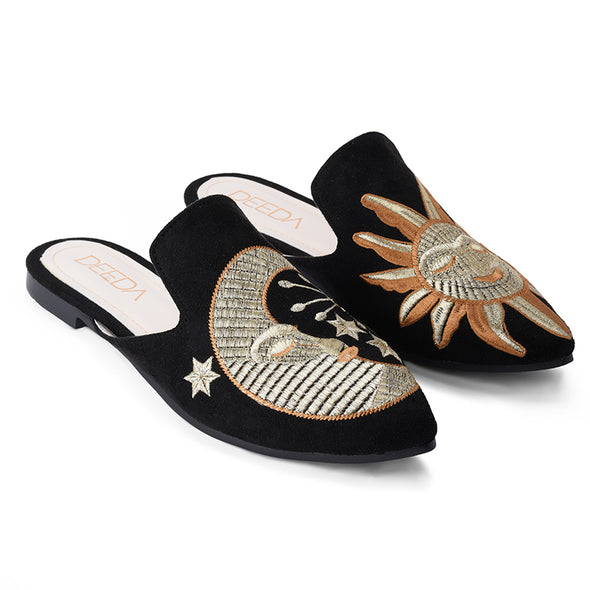 SUN-MOON EMBROIDERED MULES - BLACK