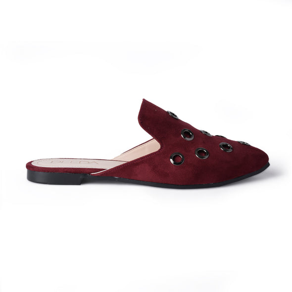 GROMMET ALMOND-TOE MULES - BURGUNDY