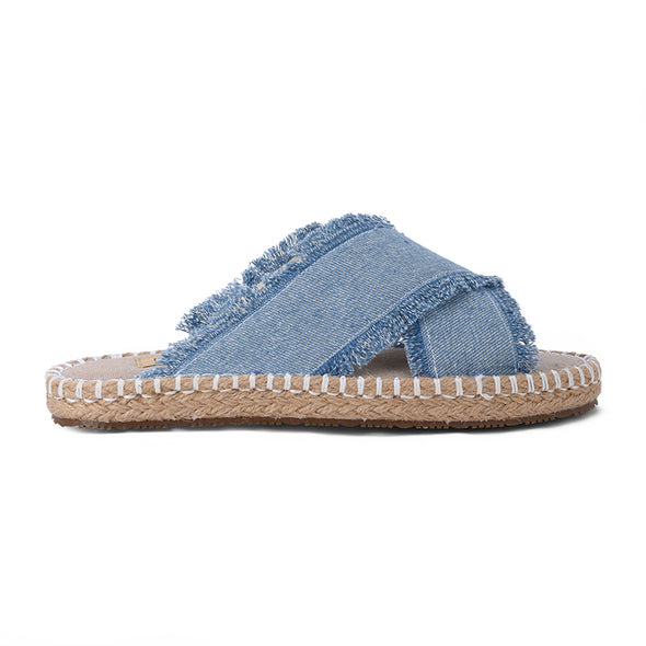 CRISS-CROSS DENIM JUTE SLIDES - LIGHT BLUE DENIM