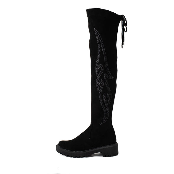 EMBROIDERED SUEDE THIGH HIGH BOOTS - BLACK