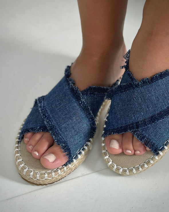 CRISS-CROSS DENIM JUTE SLIDES - DARK BLUE DENIM