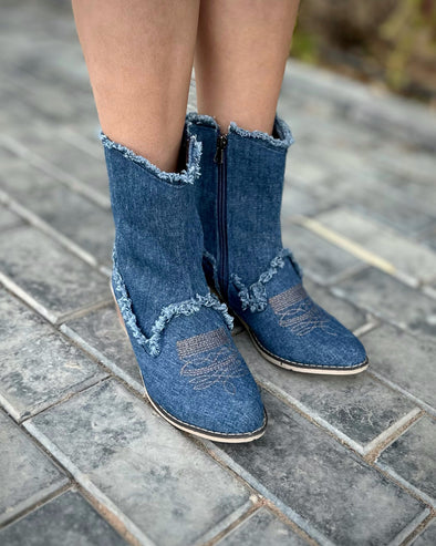 FRINGED DENIM TEXAS BOOTS - NAVY BLUE