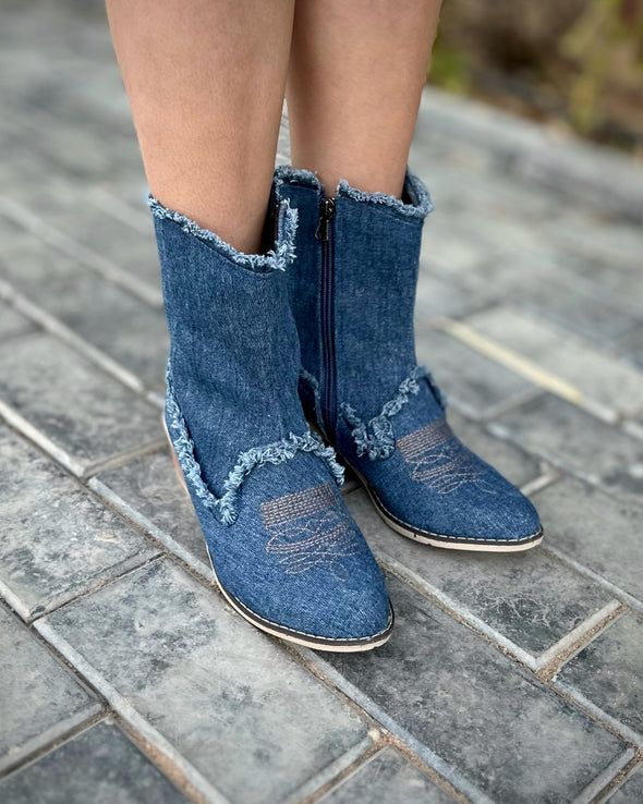 FRINGED DENIM TEXAS BOOTS - NAVY BLUE