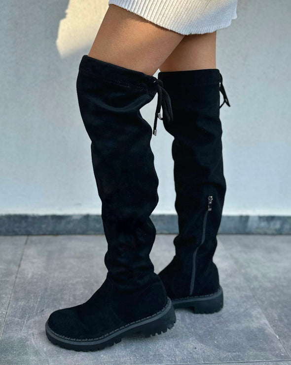 SUEDE THIGH HIGH BOOTS - BLACK