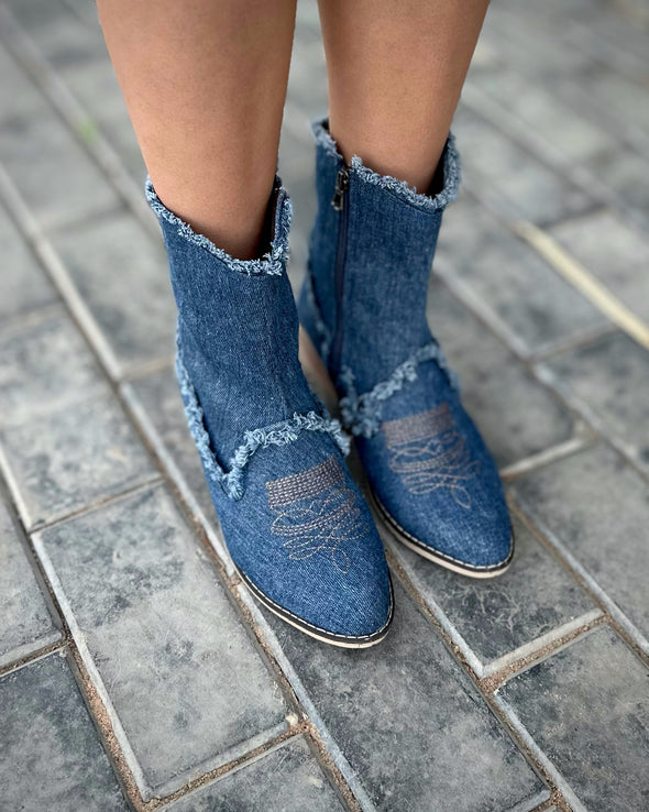 FRINGED DENIM TEXAS BOOTS - NAVY BLUE