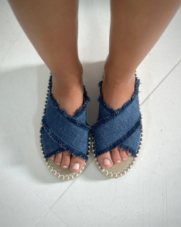 CRISS-CROSS DENIM JUTE SLIDES - DARK BLUE DENIM