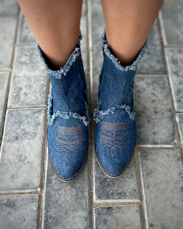 FRINGED DENIM TEXAS BOOTS - NAVY BLUE