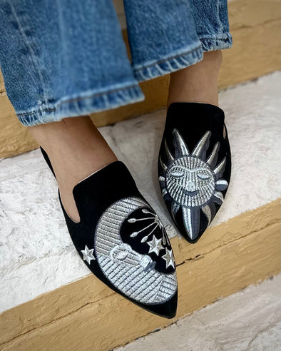 SUN-MOON EMBROIDERED MULES - BLACK x SILVER