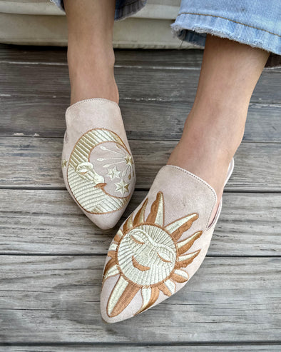 SUN-MOON EMBPOIDERED MULES - BEIGE